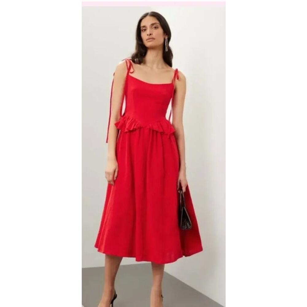 Eliza Faulkner Tessa Dress Linen Sleeveless Ruffle Open Back Midi A-Line Red S - Picture 1 of 9